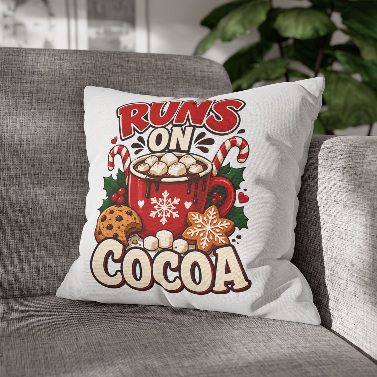 Christmas Runs on Cocoa Decorative Pillowcase — Hot Chocolate Holiday Throw Pillow