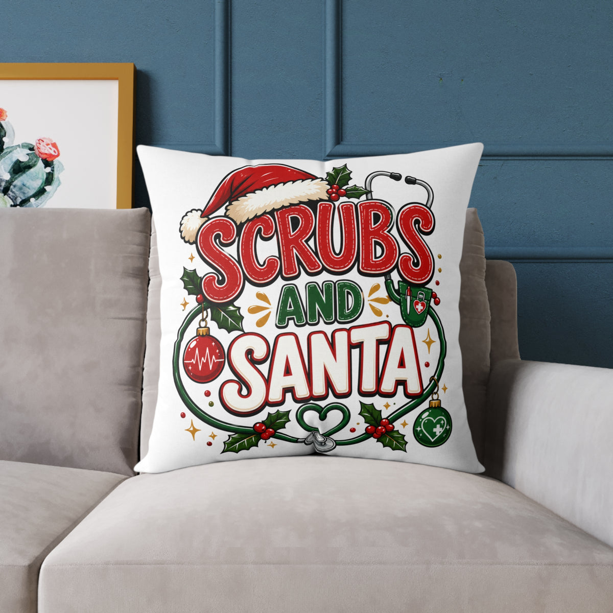Christmas Square Pillow — Scrubs and Santa Christmas Cushion for Nurses