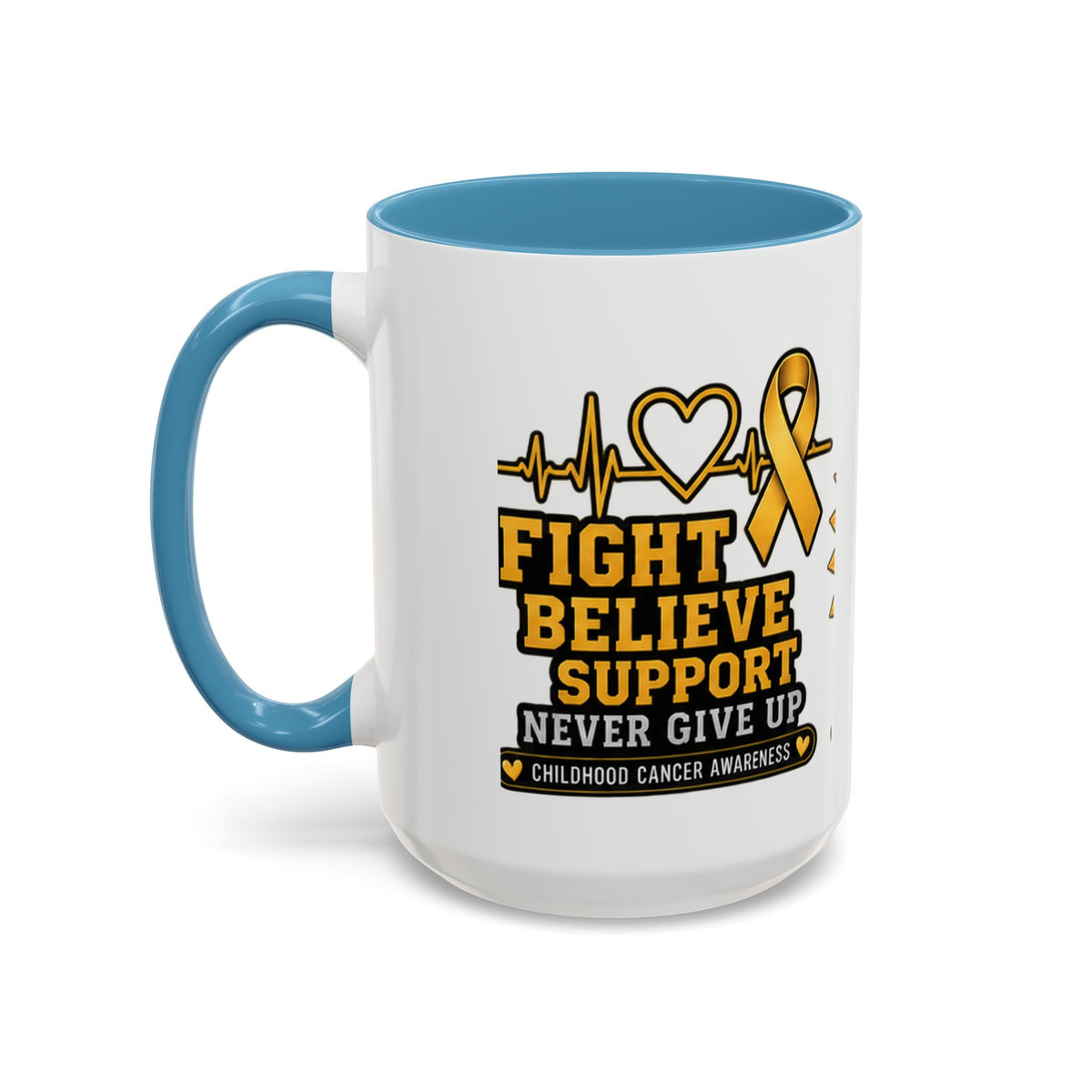 Childhood Cancer Awareness Accent Coffee Mug — "Fight Believe Support" 11/15oz