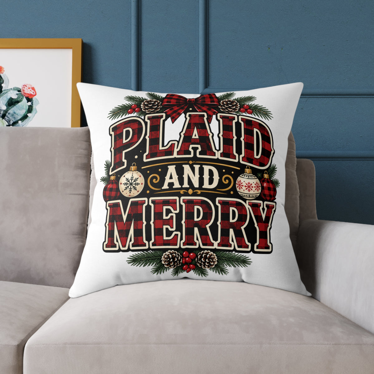 Plaid and Merry Christmas Throw Pillow