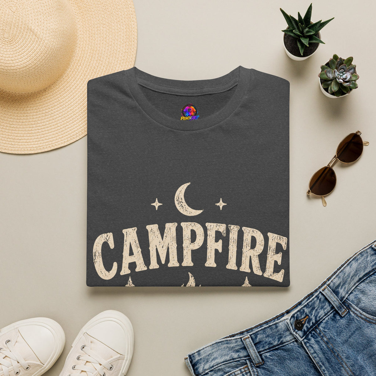 Campfire After Dark T-Shirt — Cozy Camping Moon & Trees Graphic