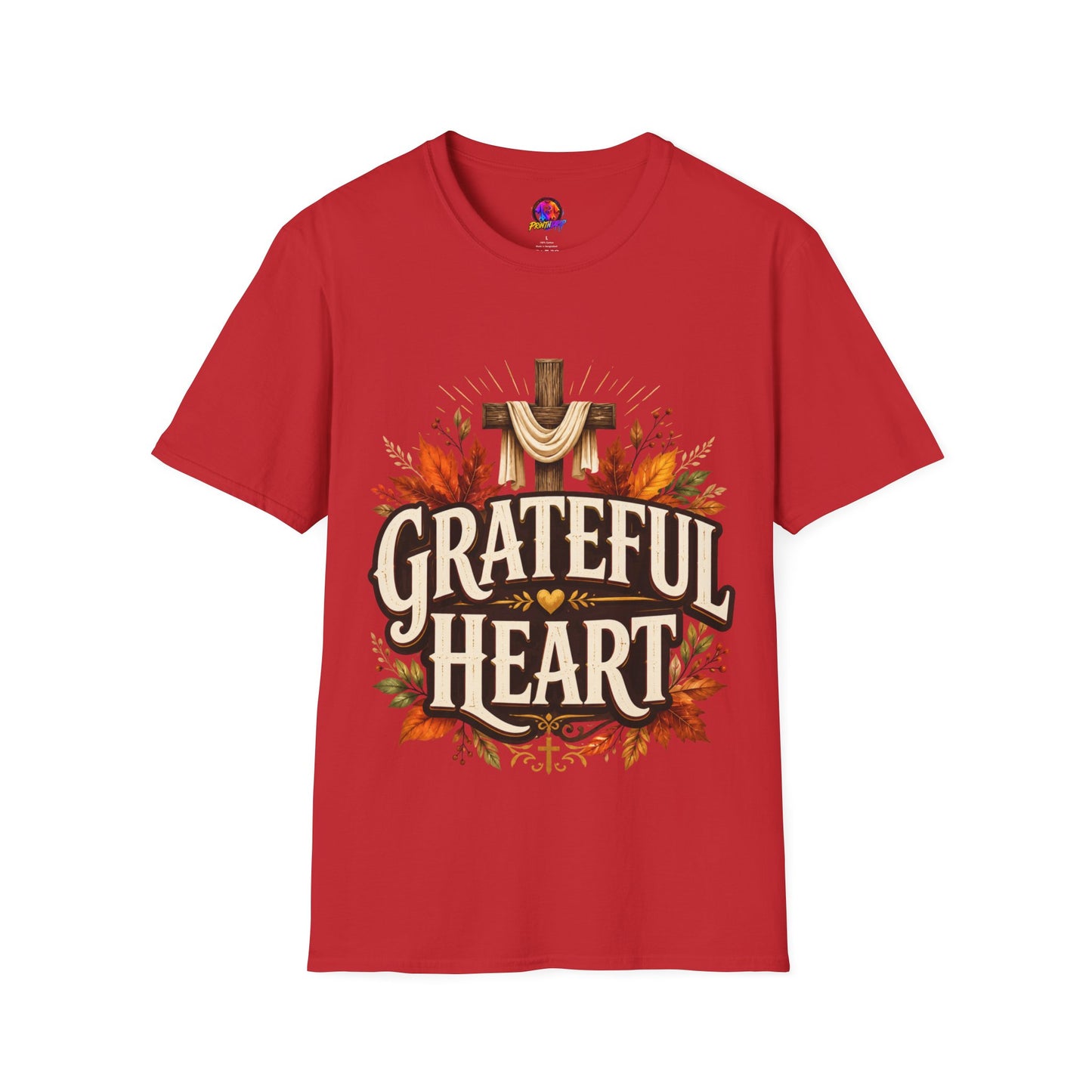 Grateful Heart T-Shirt — Christian Cross & Autumn Leaves Thanksgiving Tee