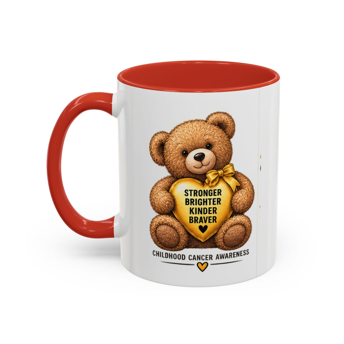 Childhood Cancer Awareness Coffee Mug — 'Stronger Brighter Kinder Braver' Teddy