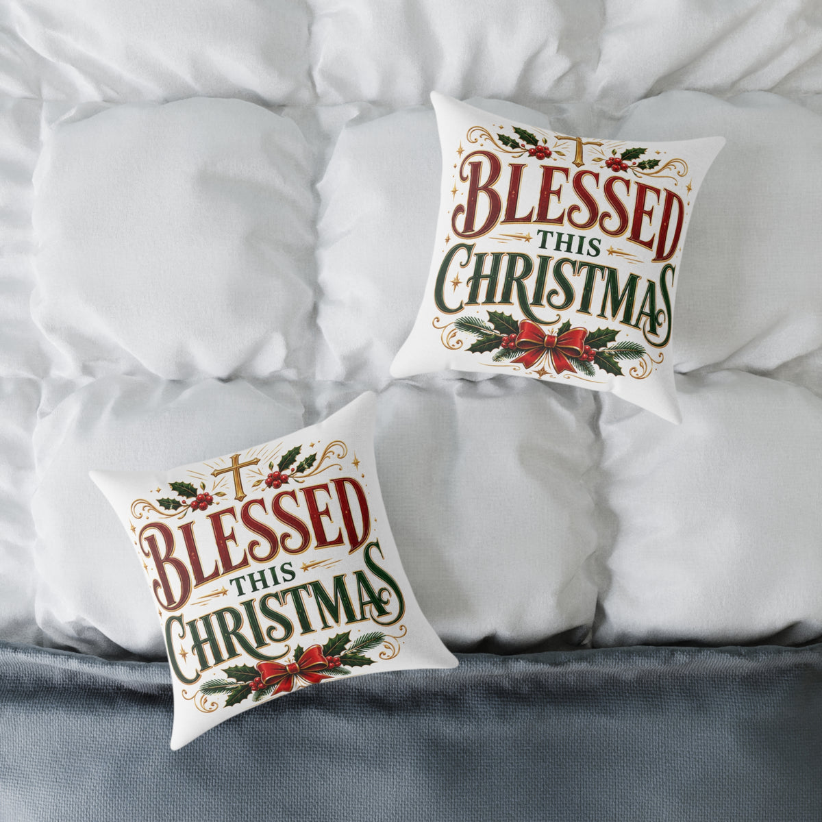 Blessed This Christmas Square Poly Canvas Pillow