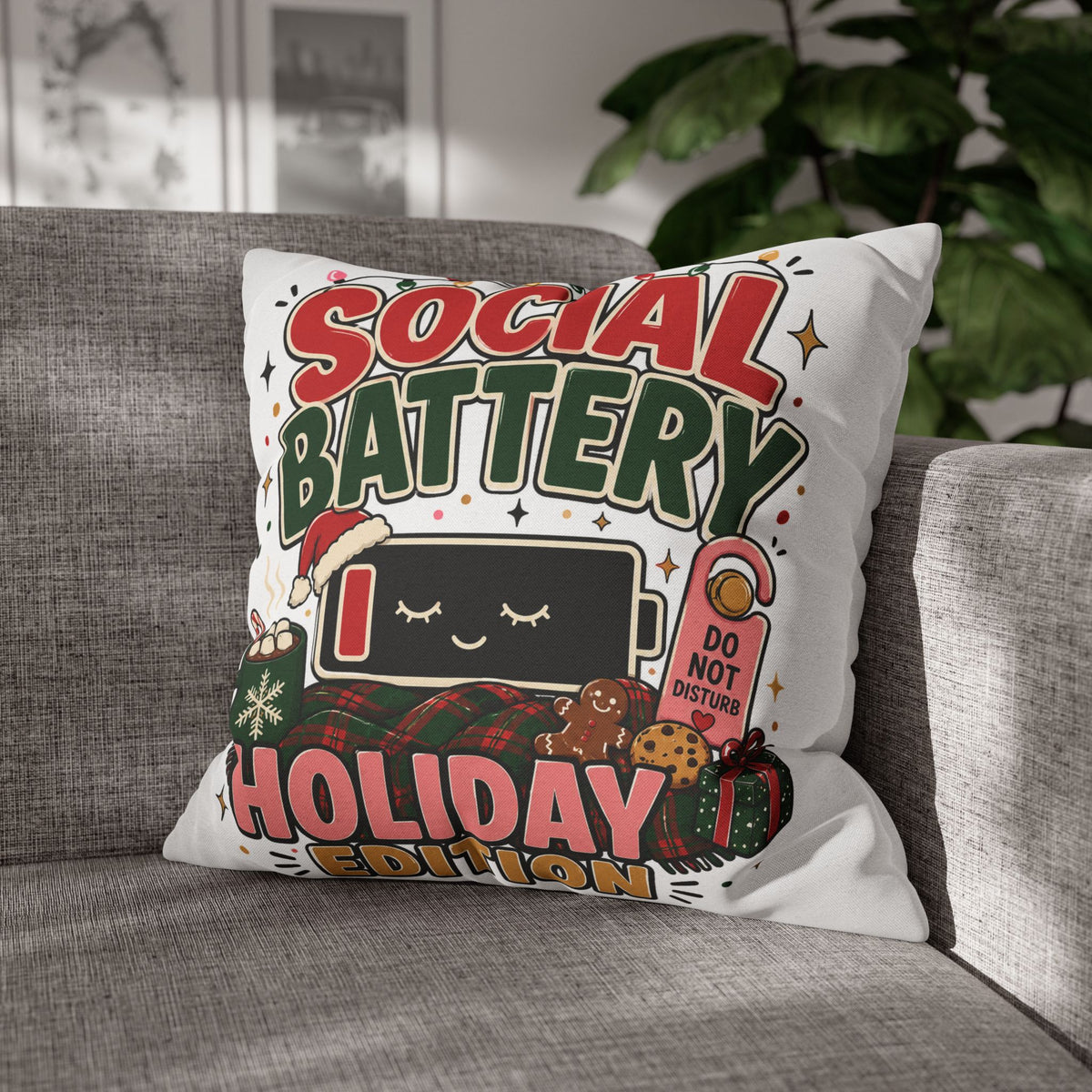 Social Battery Holiday Pillowcase  Modern Day Christmas — Cute Rechargeable Battery Christmas Throw Pillow Cover