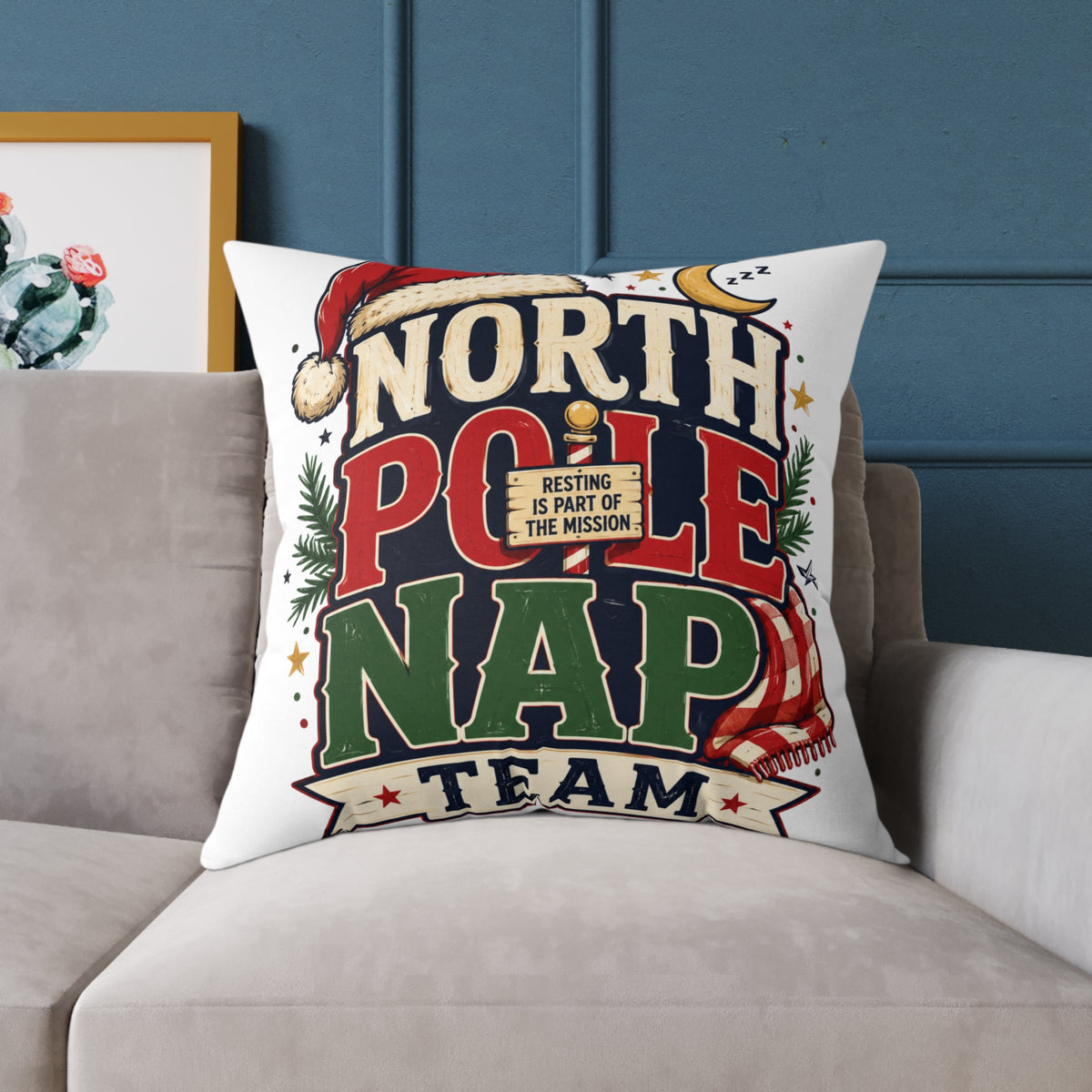 Christmas North Pole Nap Team Throw Pillow — Funny Christmas Holiday Decorative Cushion