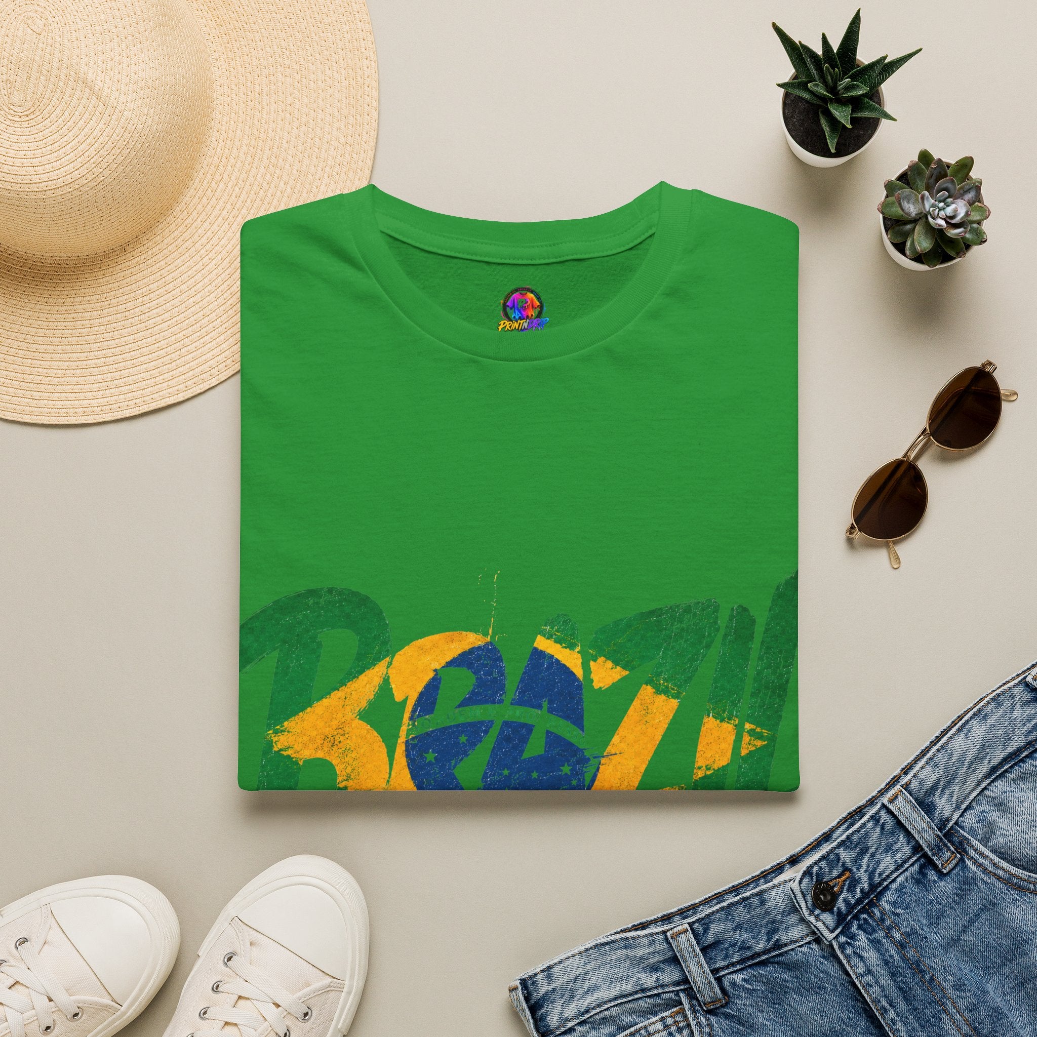 Brazil Flag Graphic T-Shirt — Bold Brazil Script with National Flag Motif