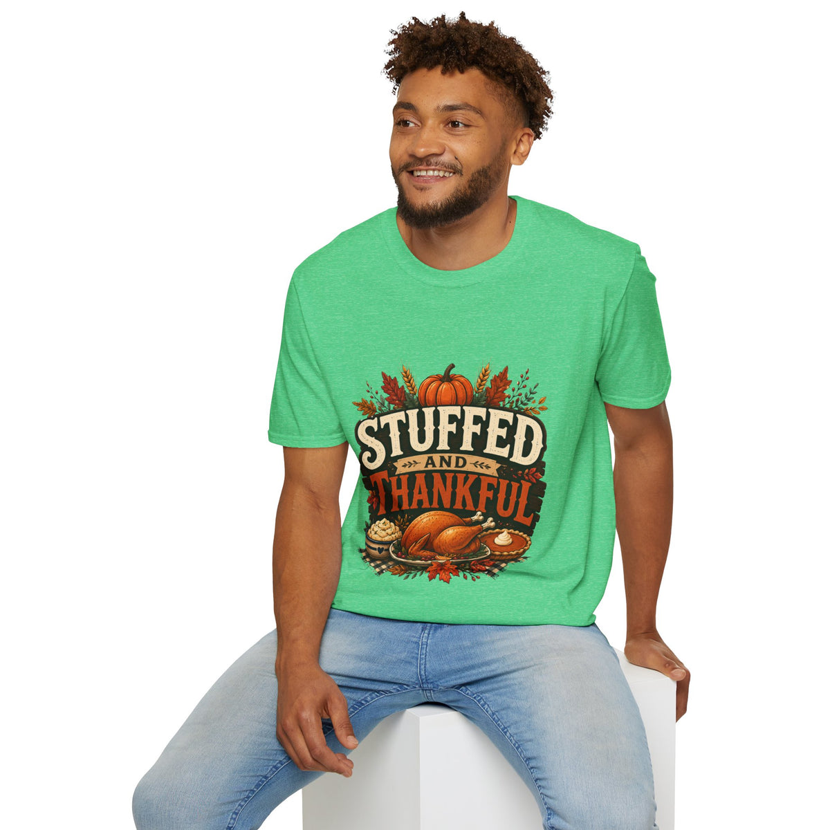 Thanksgiving T-Shirt Stuffed and Thankful T-Shirt — Thanksgiving Pumpkin Fall Graphic Tee