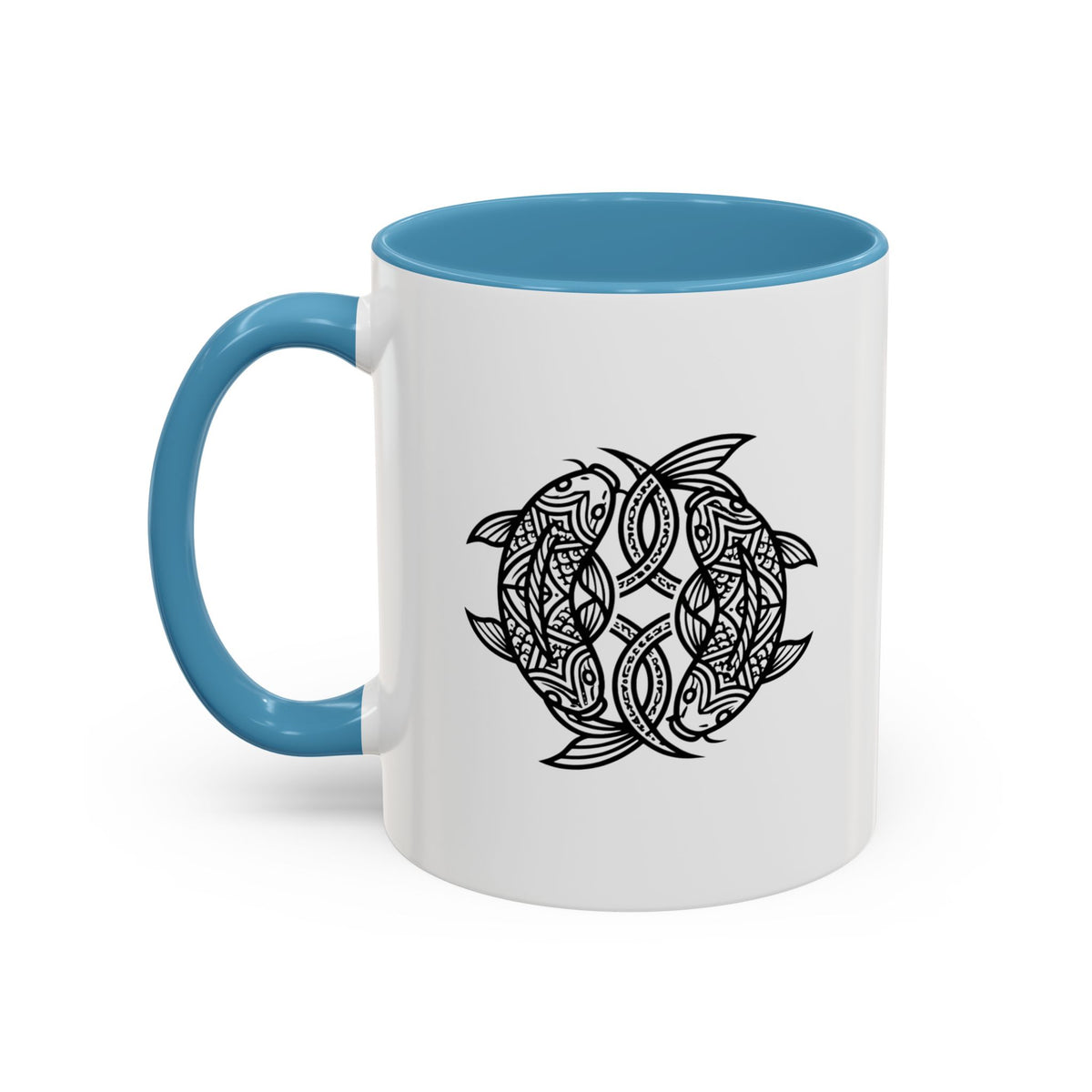 Pisces Zodiac Turtle Mandala Accent Coffee Mug – Black Interior & Handle, Intricate Tribal Sea Turtle Design