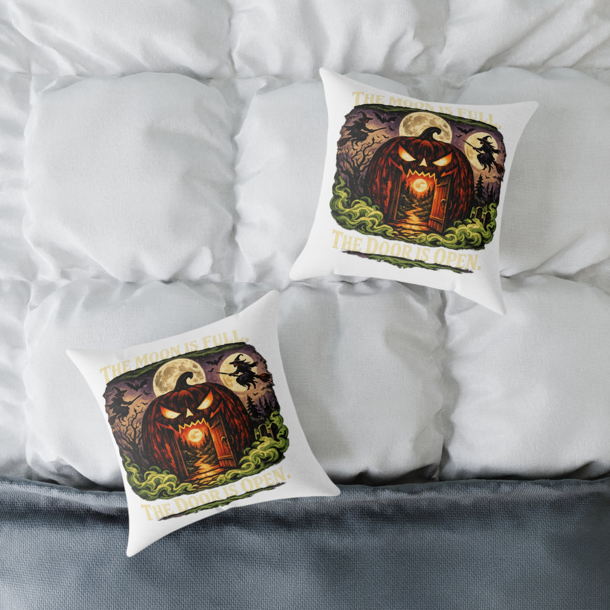 Halloween Pumpkin Doorway Square Pillow — Spooky Haunted House Decorative Throw Pillow