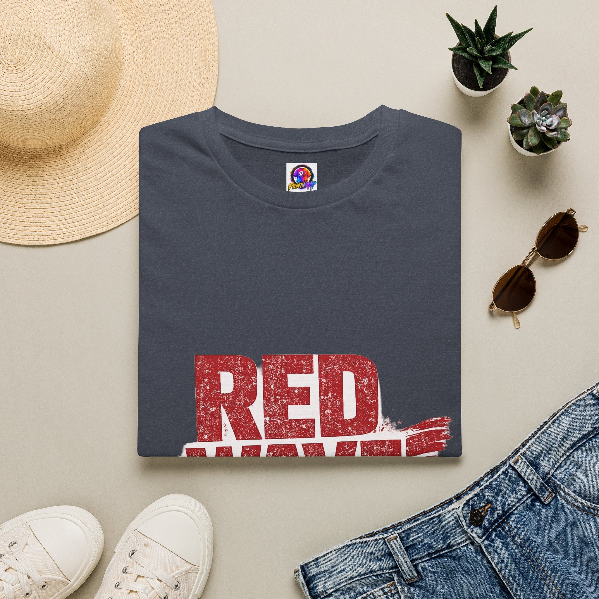 South Korea Red Wave Graphic T‑Shirt — Vintage Distressed Logo Tee