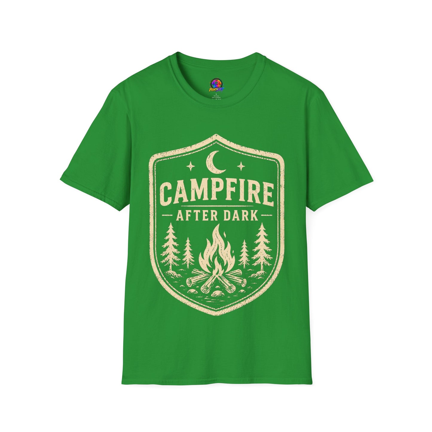 Campfire After Dark T-Shirt — Retro Camping Badge Tee for Outdoor Lovers