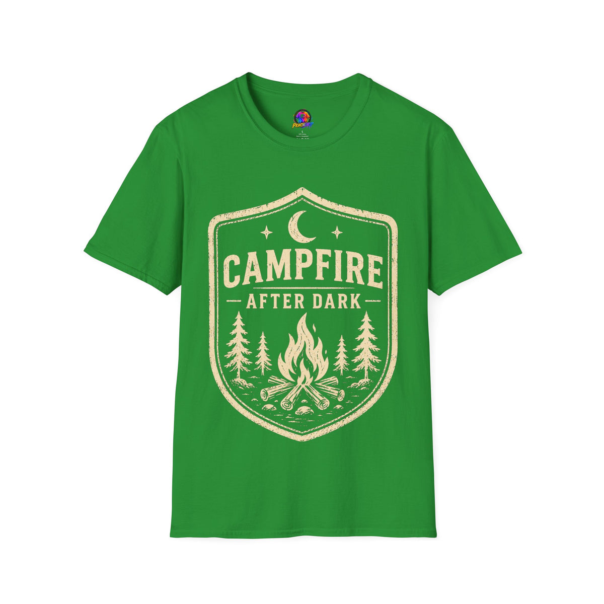 Campfire After Dark T-Shirt — Retro Camping Badge Tee for Outdoor Lovers