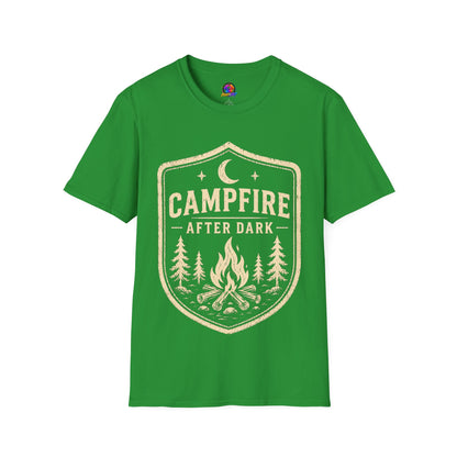 Campfire After Dark T-Shirt — Retro Camping Badge Tee for Outdoor Lovers