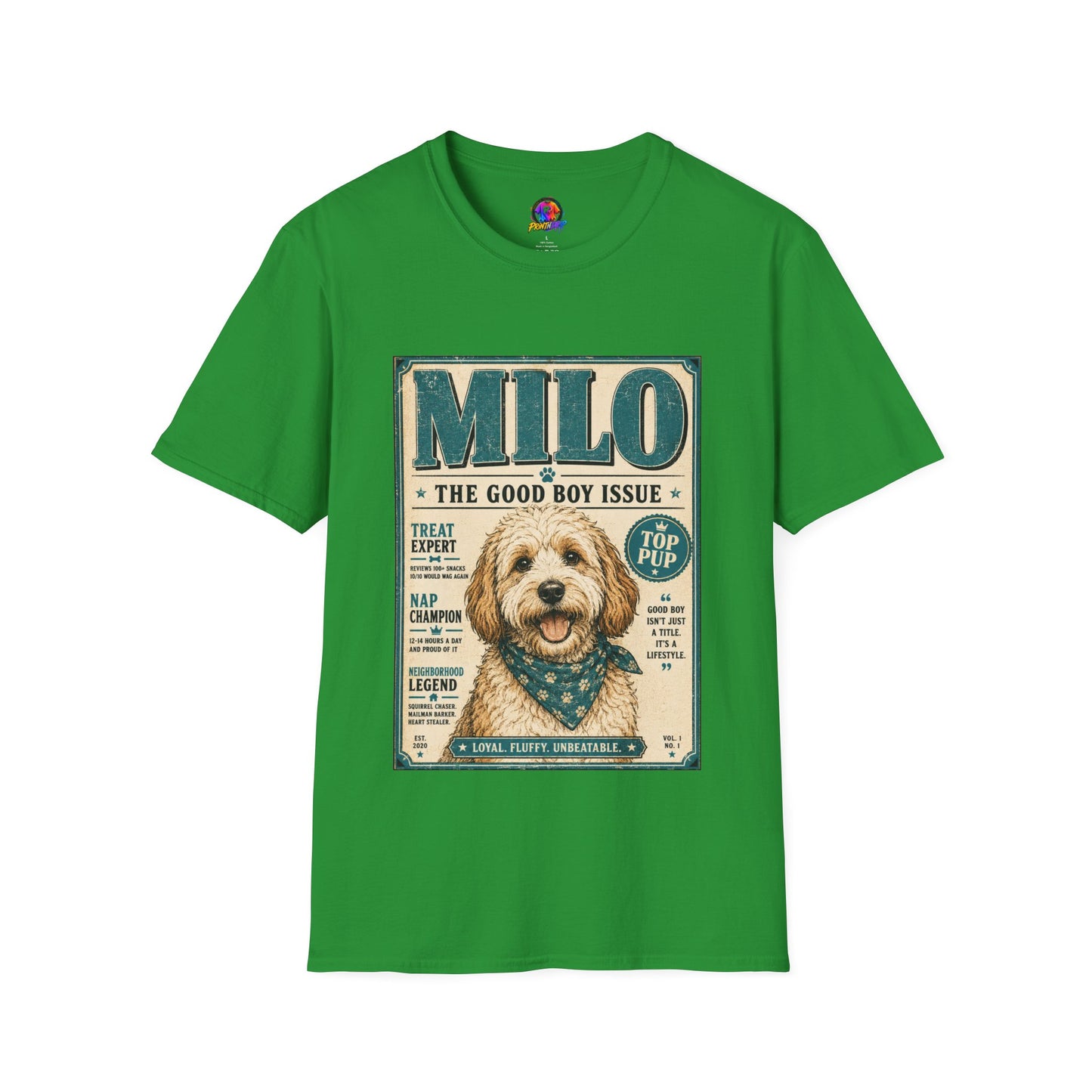 Milo 'The Good Boy Issue' Dog T‑Shirt — Vintage Puppy Magazine Design