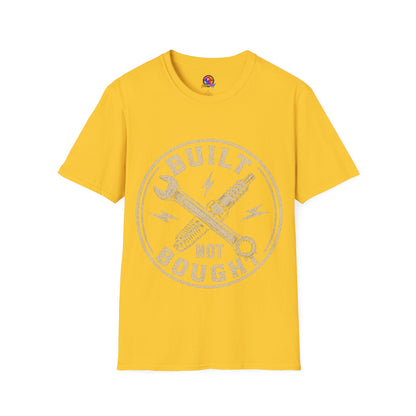 Built Not Bought T-Shirt — Vintage Mechanic Wrench & Spark Plug Design