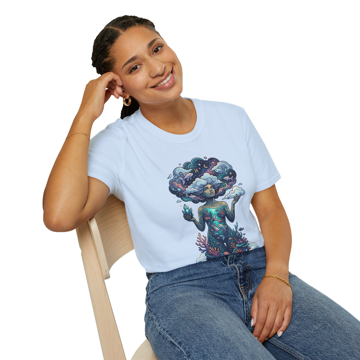 Pisces Zodiac in the Clouds T-Shirt — Dreamy Cosmic Woman Graphic Tee