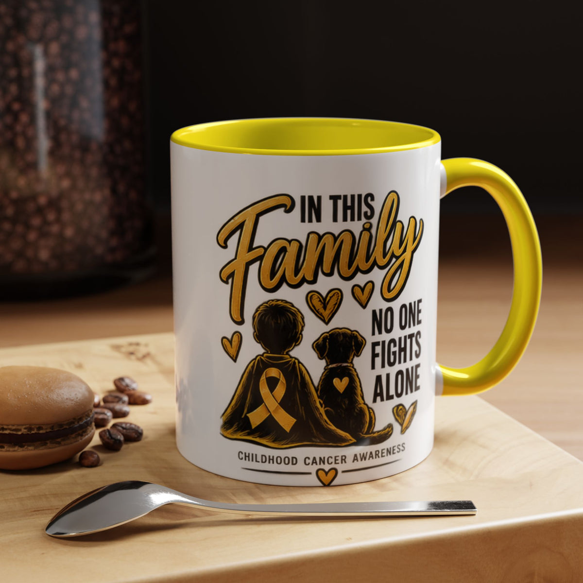 Childhood Cancer Awareness Accent Coffee Mug – "In This Family No One Fights Alone" (11/15oz)