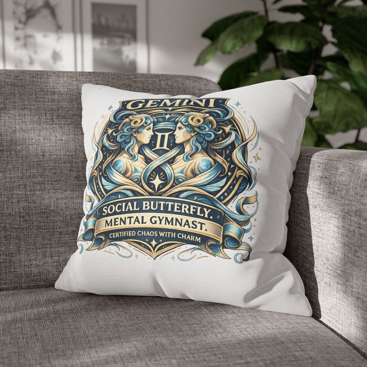 Gemini Zodiac Pillowcase — "Social Butterfly, Mental Gymnast" Decorative Throw Pillow