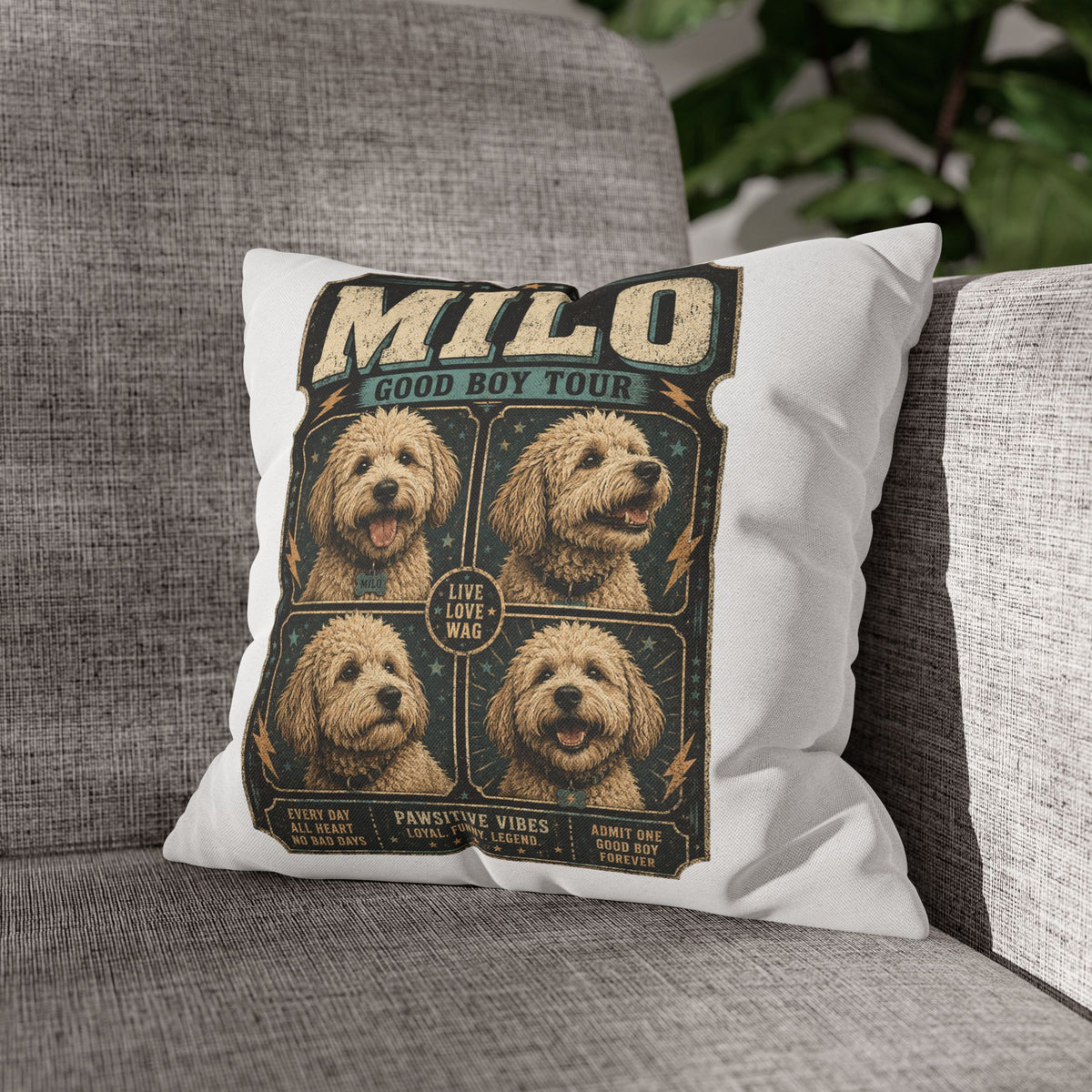 Milo "Good Boy Tour" Square Pillowcase — Cute Dog Portrait Decorative Pillowcase Milo Bailey Dog Dad Mom