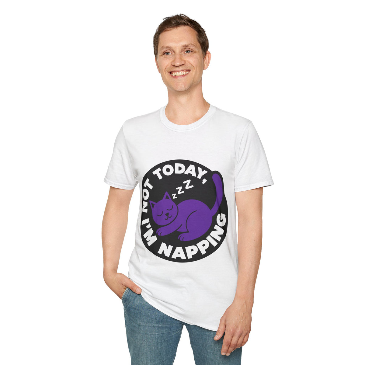 Not Today I'm Napping Purple Cat Tee - Funny Sleeping Kitten Badge Graphic T-Shirt - Trending Now - September 2026