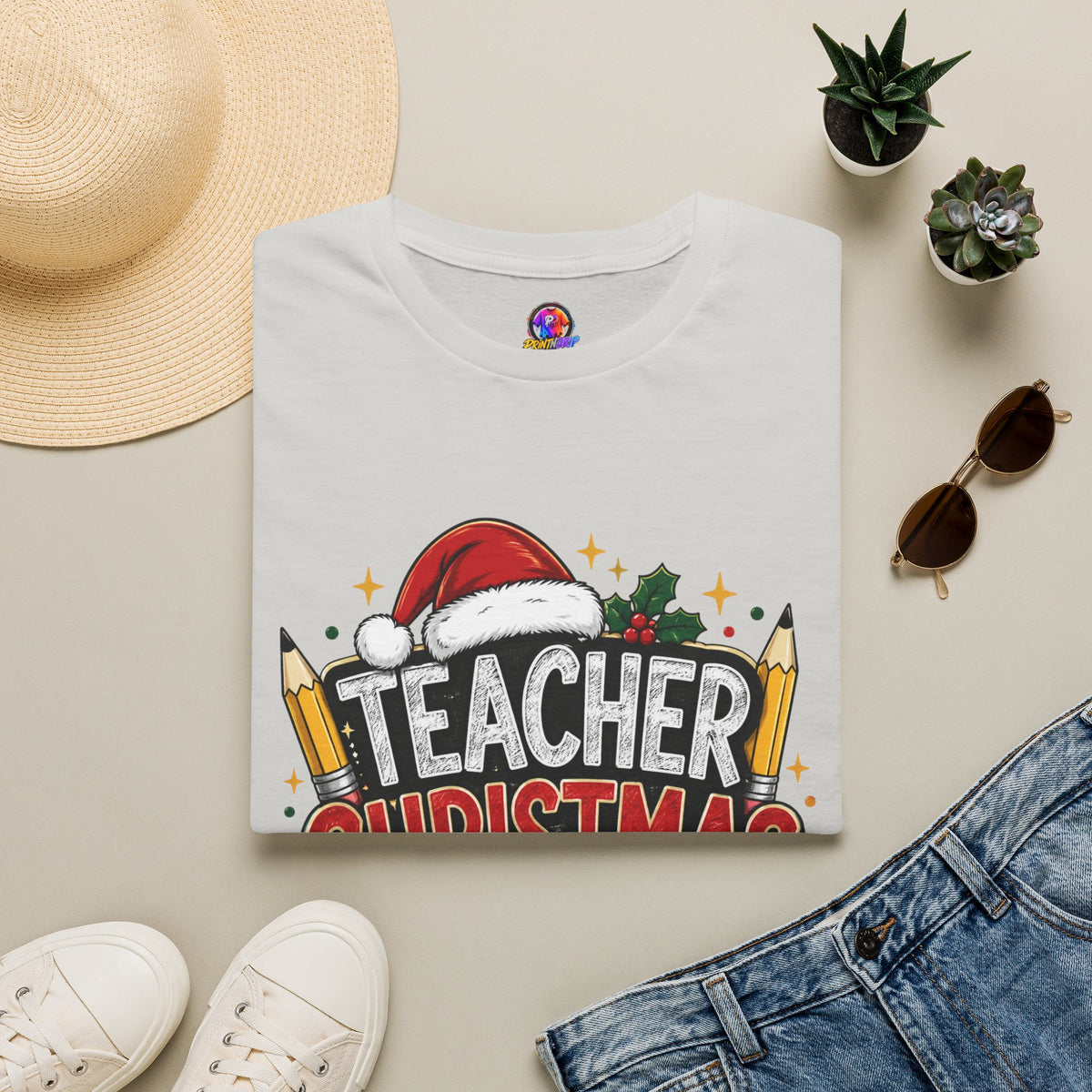 Teacher Christmas Crew T-Shirt — Holiday School Staff Tee with Santa Hat & Pencils