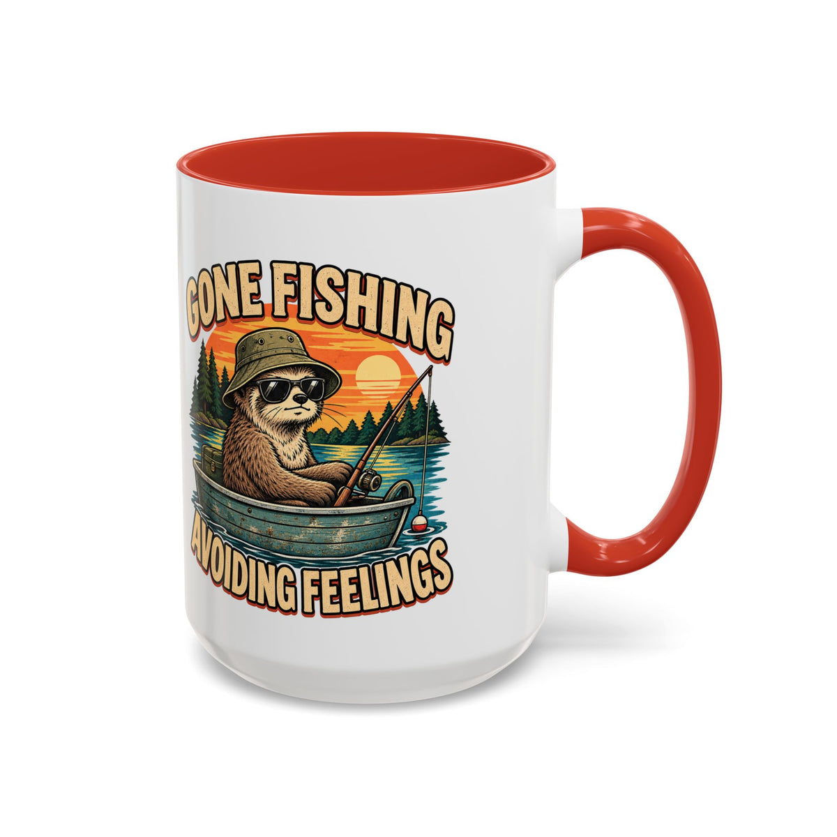Funny And Witty "Gone Fishing Avoiding Feelings" Accent Coffee Mug (11, 15oz)