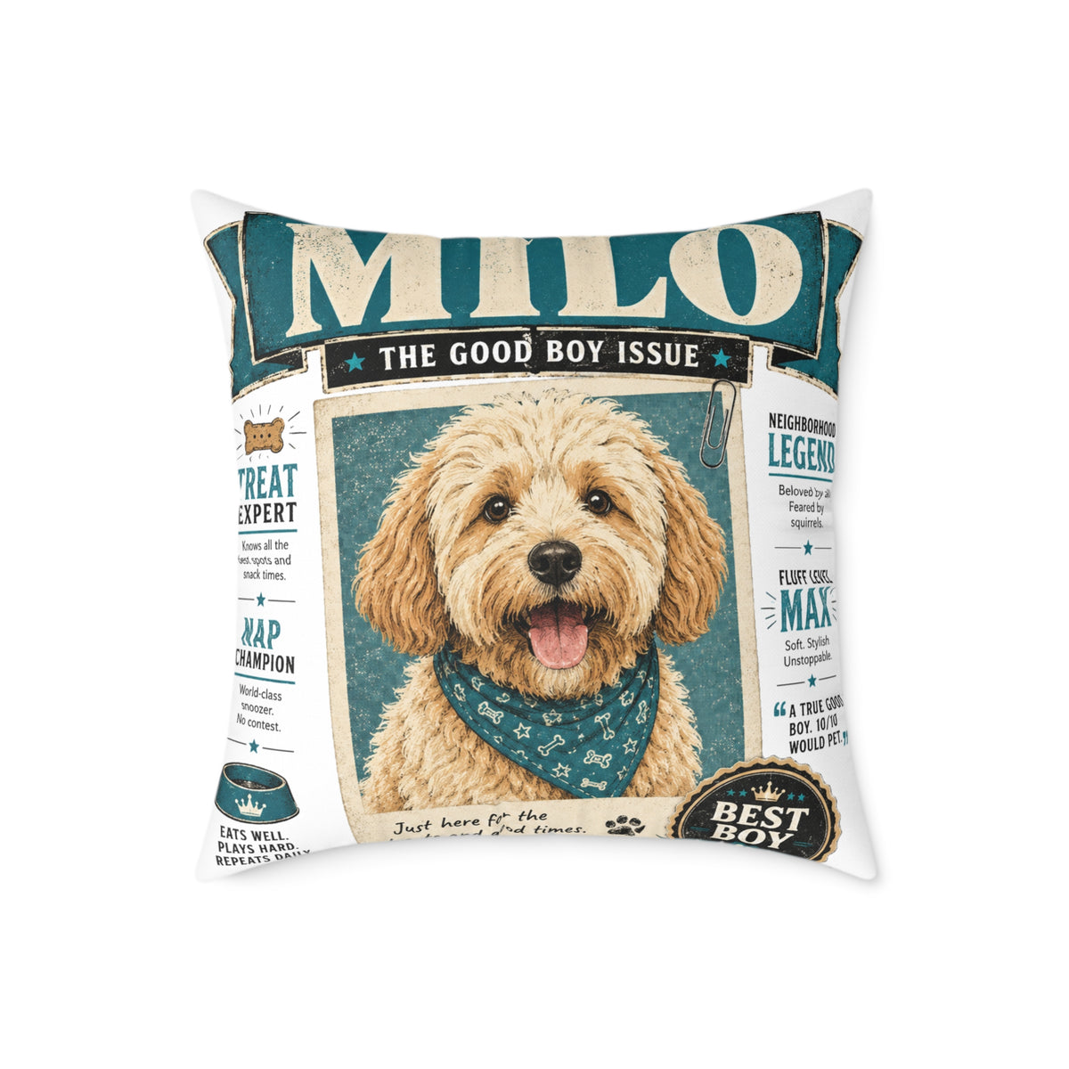 Personalized Dog Magazine Cover Pillow  Milo Bailey Dog Dad Mom — 'MILO' Square Poly Canvas Throw Pillow