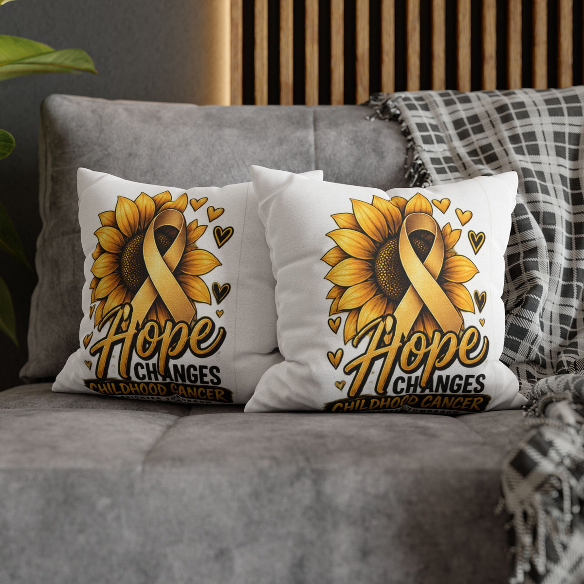 Childhood Cancer Awareness Pillow — "Hope Changes Childhood Cancer" Sunflower Ribbon Cushion