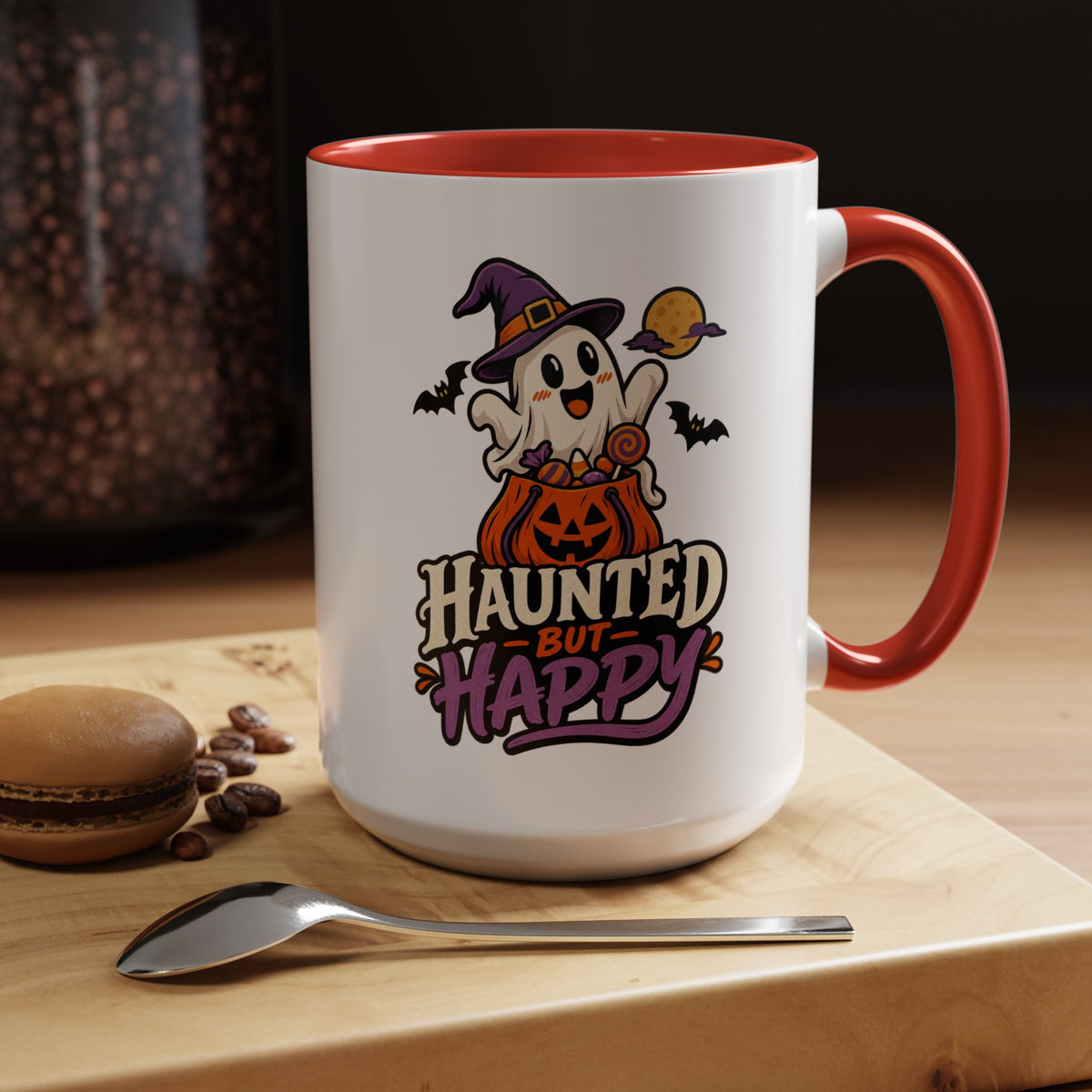 Haunted But Happy Coffee Mug — Halloween Ghost Pumpkin Accent Mug (11/15oz)