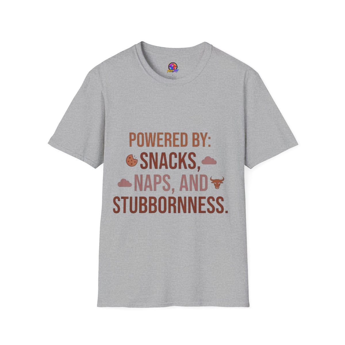 Powered By: Snacks, Naps & Stubbornness T-Shirt — Funny Casual Graphic Tee