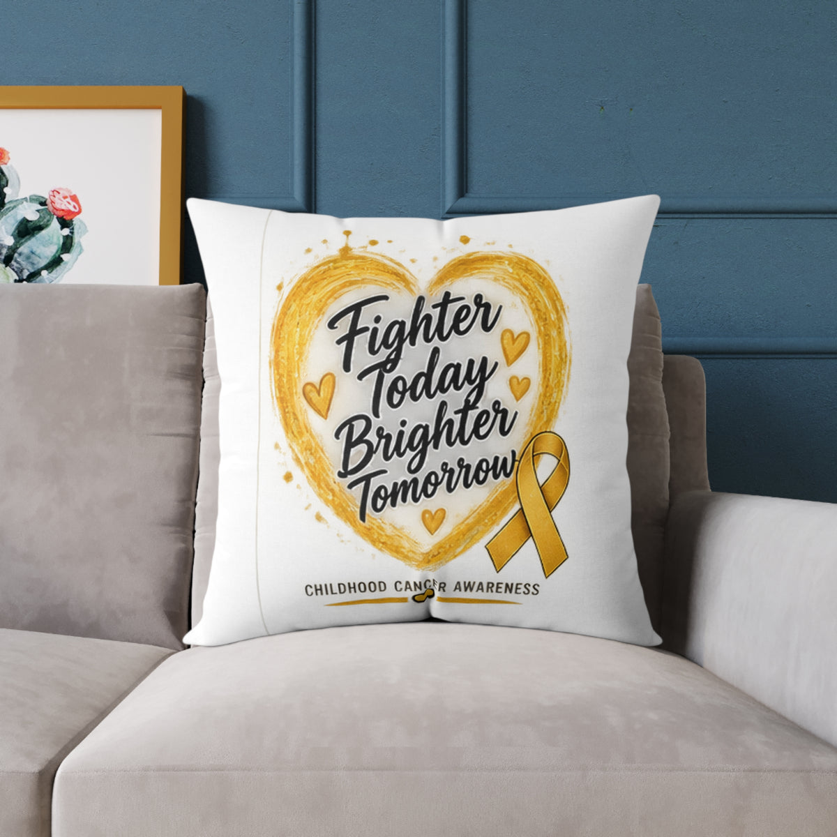 Childhood Cancer Awareness Pillow — "Fighter Today Brighter Tomorrow" Square Throw Pillow