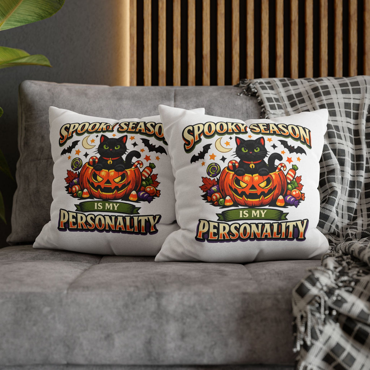 Halloween Pillowcase — "Spooky Season Is My Personality" Black Cat Pumpkin Decorative Pillow