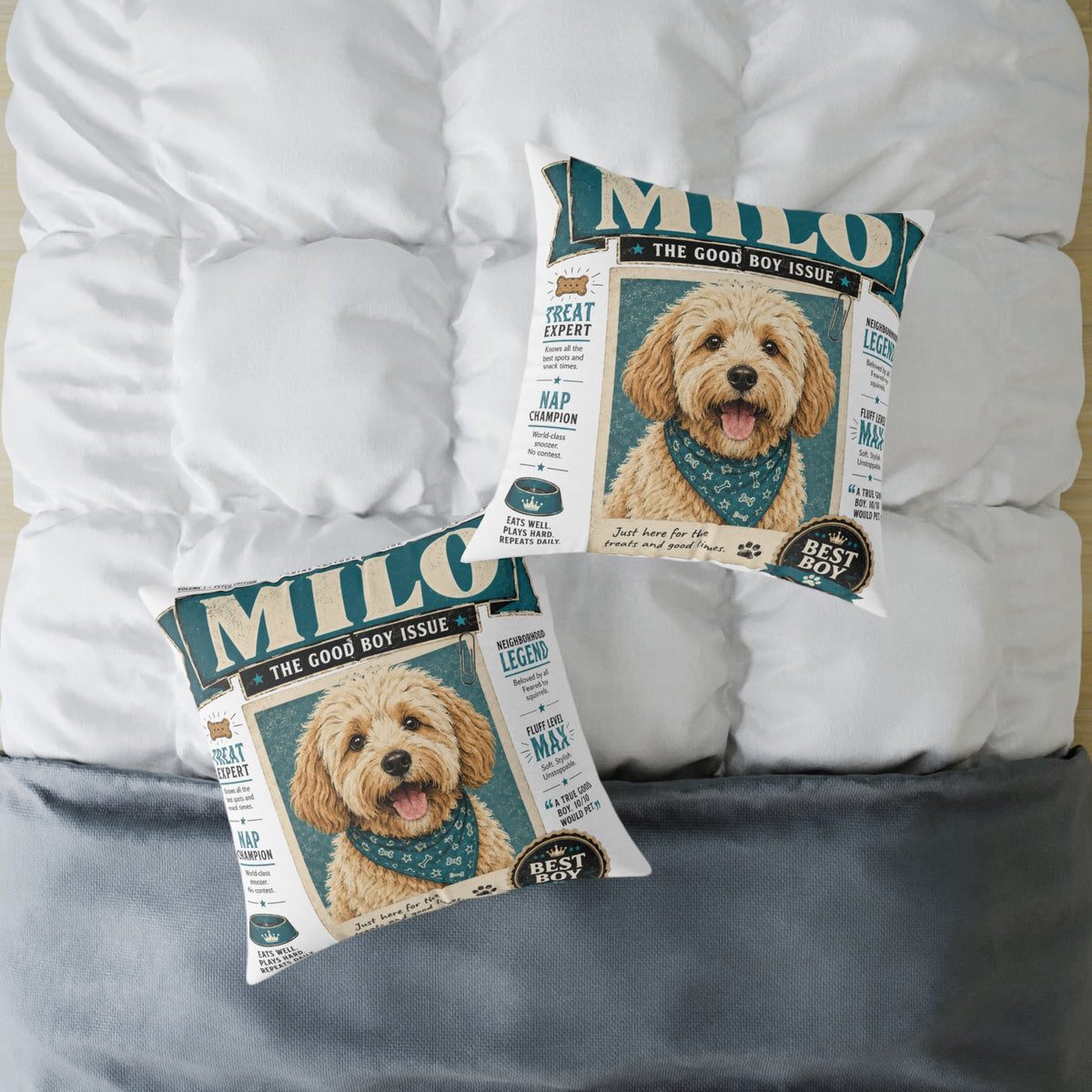 Personalized Dog Magazine Cover Pillow  Milo Bailey Dog Dad Mom — 'MILO' Square Poly Canvas Throw Pillow