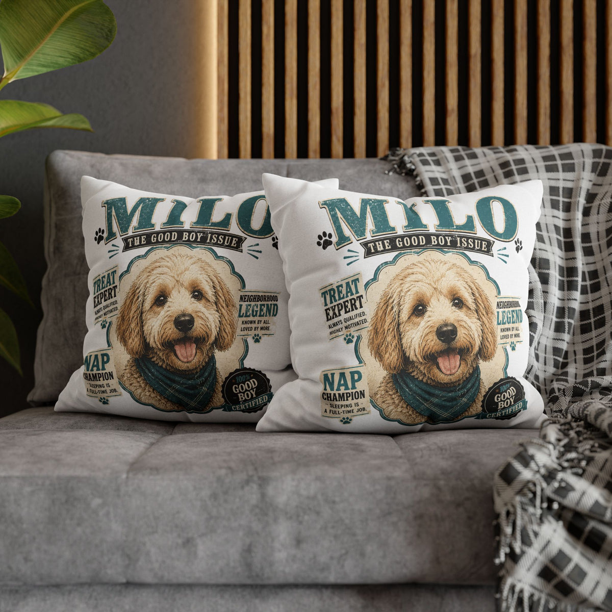 Milo 'The Good Boy Issue' Decorative Dog Pillowcase — Personalized Pet Name Cushion Cover Milo Bailey Dog Dad Mom