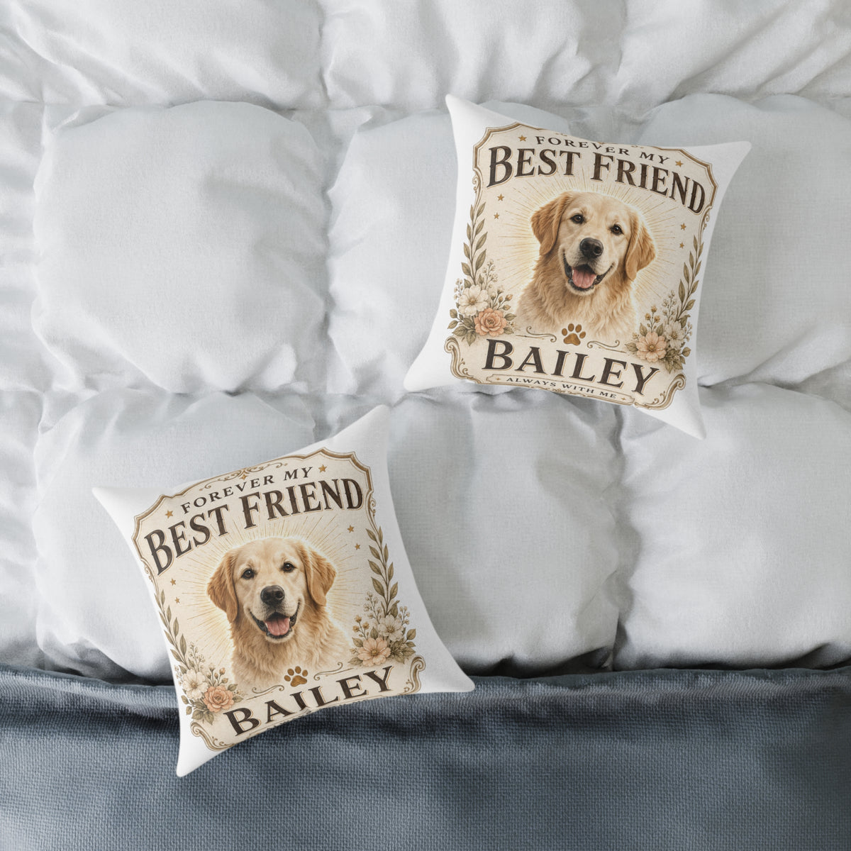 Milo Bailey Dog Dad Mom Square Pillow — "Forever My Best Friend" Personalized Dog Photo Pillow (Bailey)