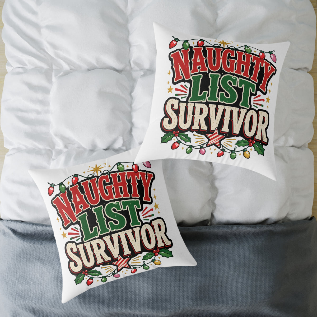 Christmas Square Pillow - "Naughty List Survivor" Christmas Holiday Decorative Throw Pillow