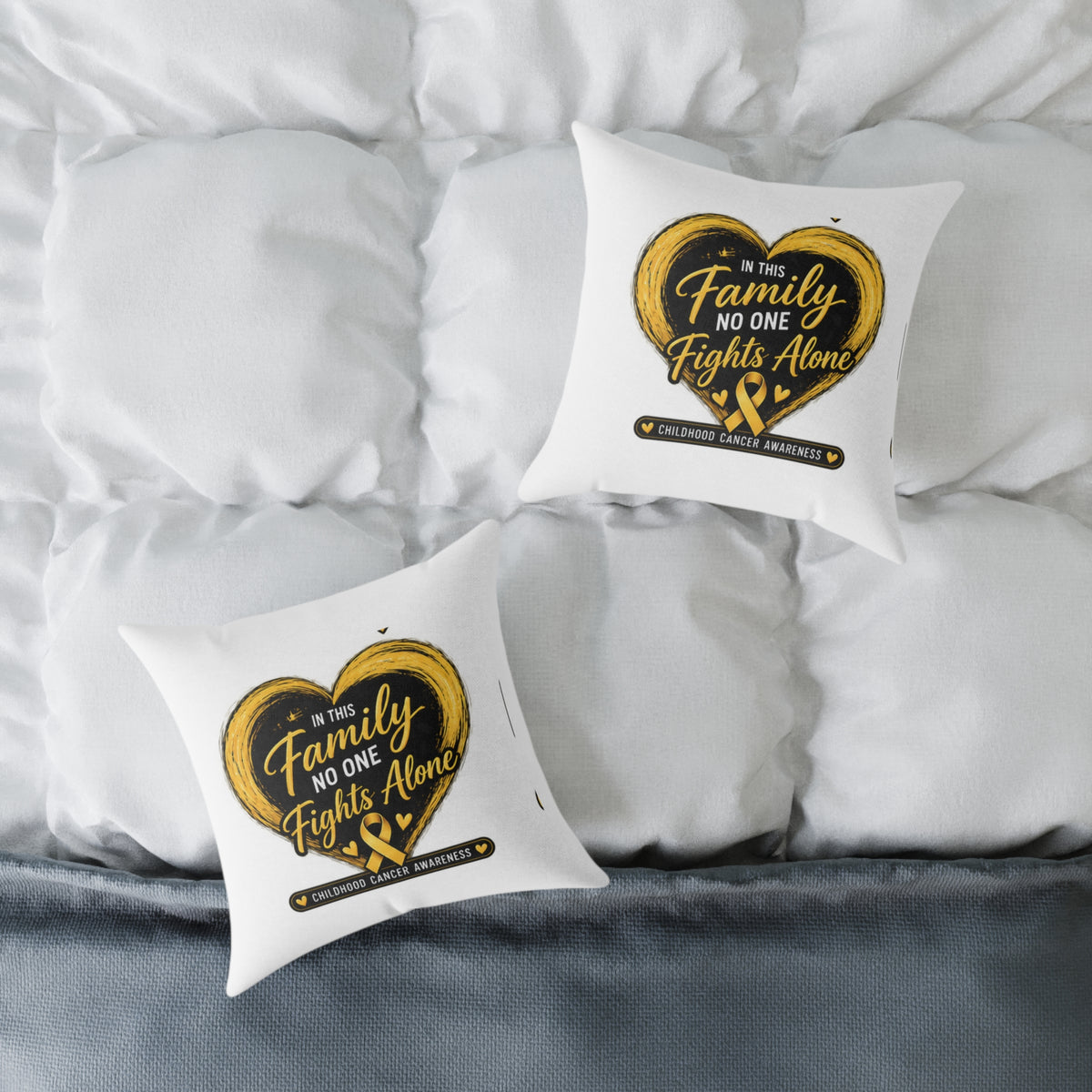 Childhood Cancer Awareness Pillow — "In This Family No One Fights Alone" Square Throw Pillow
