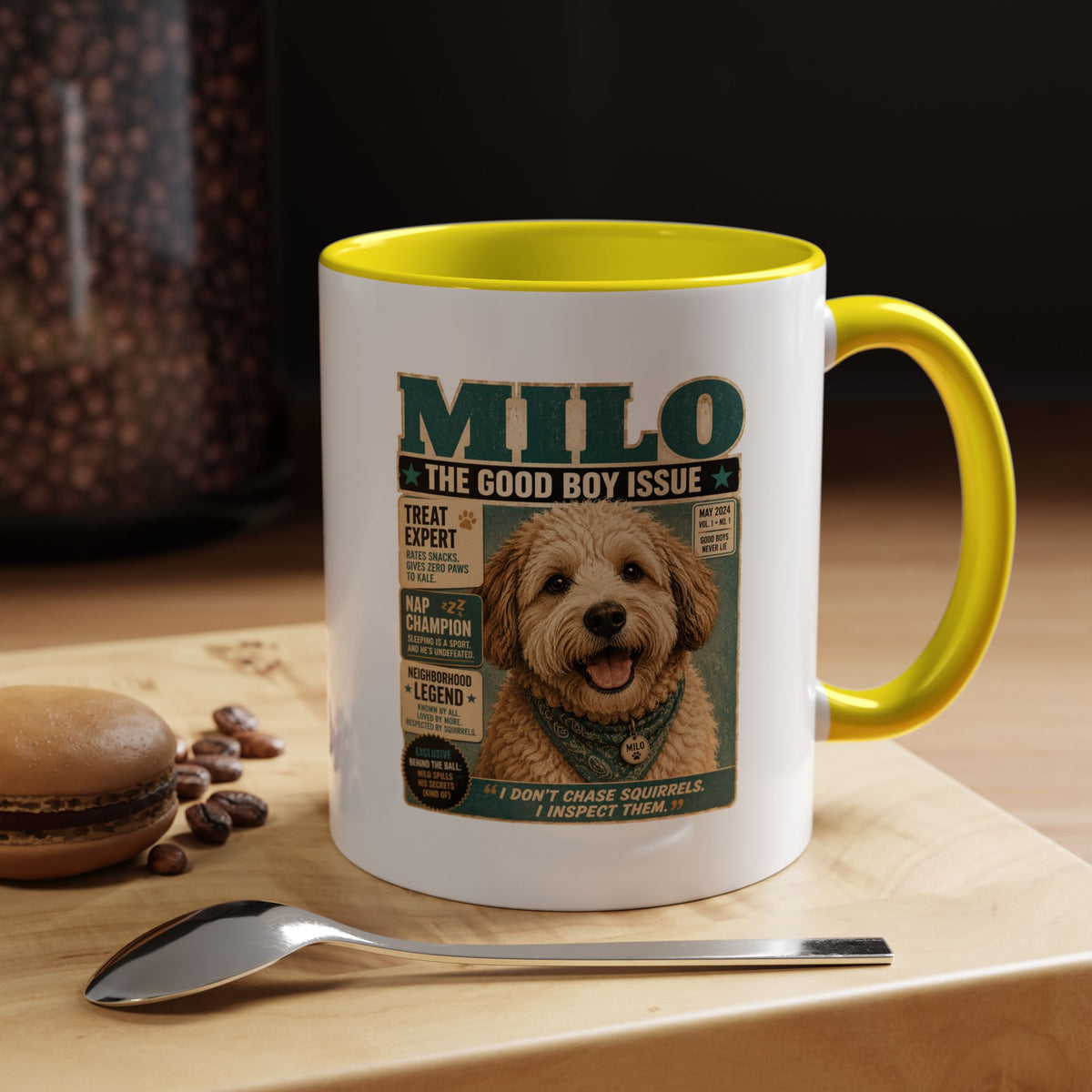 Milo Bailey Dog Dad Mom Milo 'The Good Boy Issue' Accent Coffee Mug – Cute Dog Magazine Cover Design
