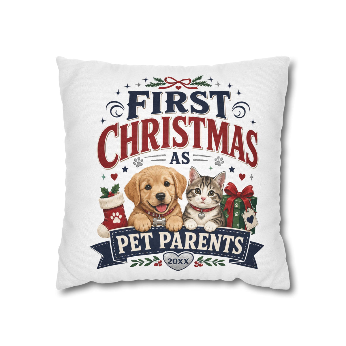 First Christmas as Pet Parents Pillowcase — Dog & Cat Holiday Throw Pillowcase