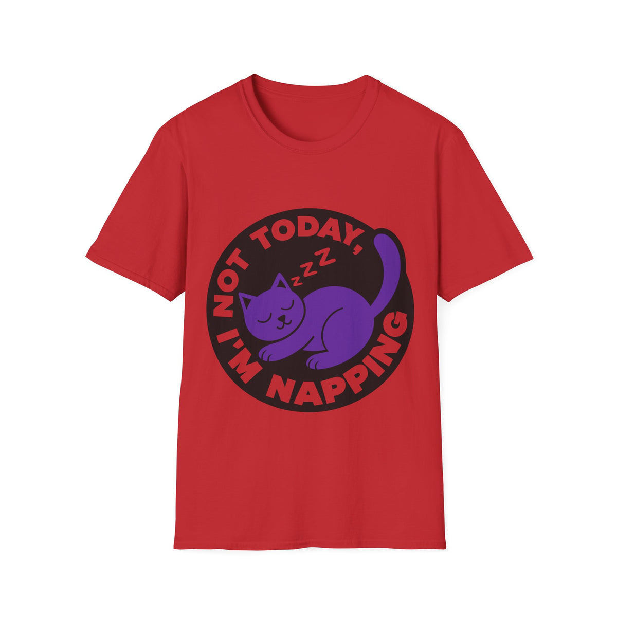 Not Today I'm Napping Purple Cat Tee - Funny Sleeping Kitten Badge Graphic T-Shirt - Trending Now - September 2026
