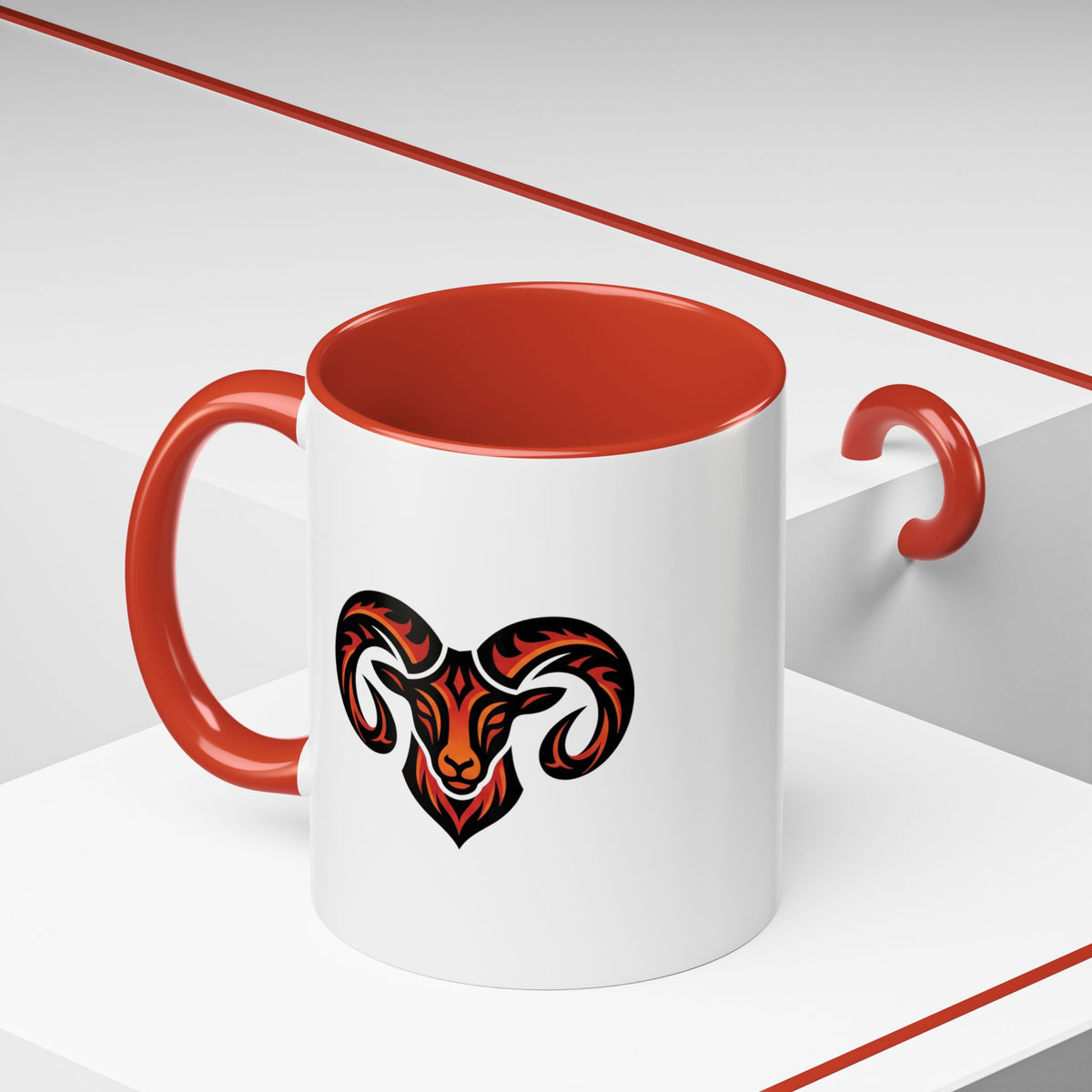 Aries Zodiac Ram Logo Accent Coffee Mug — Bold Tribal Ram Head Design