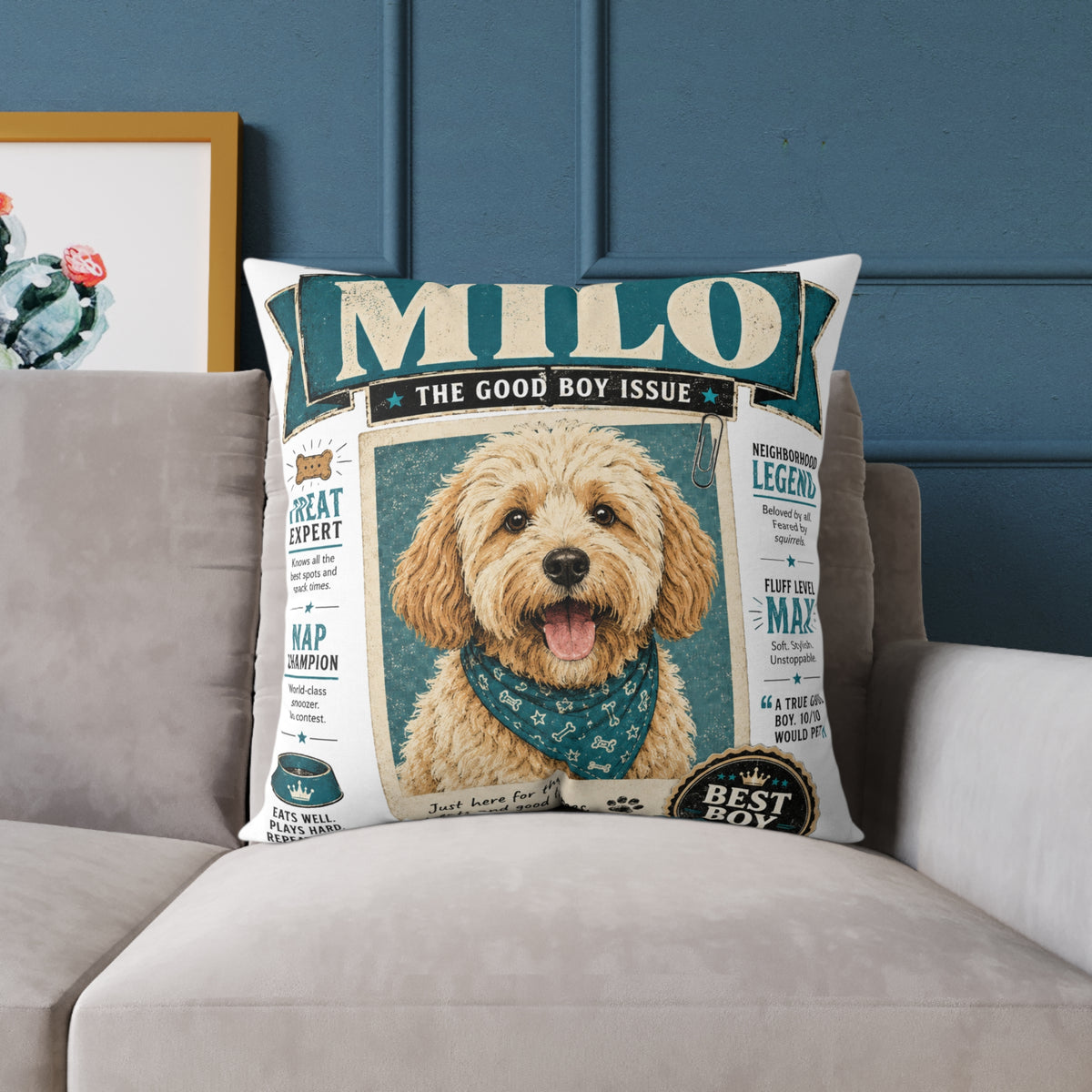 Personalized Dog Magazine Cover Pillow  Milo Bailey Dog Dad Mom — 'MILO' Square Poly Canvas Throw Pillow