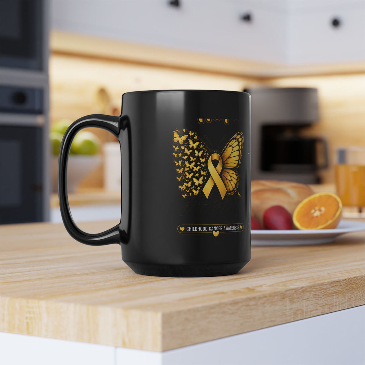 Childhood Cancer Awareness Mug — Gold Ribbon Butterfly Black Coffee Cup (11oz, 15oz)