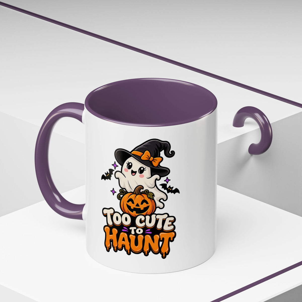 Halloween Coffee Mug - 'Too Cute to Haunt' Ghost Pumpkin Accent Mug