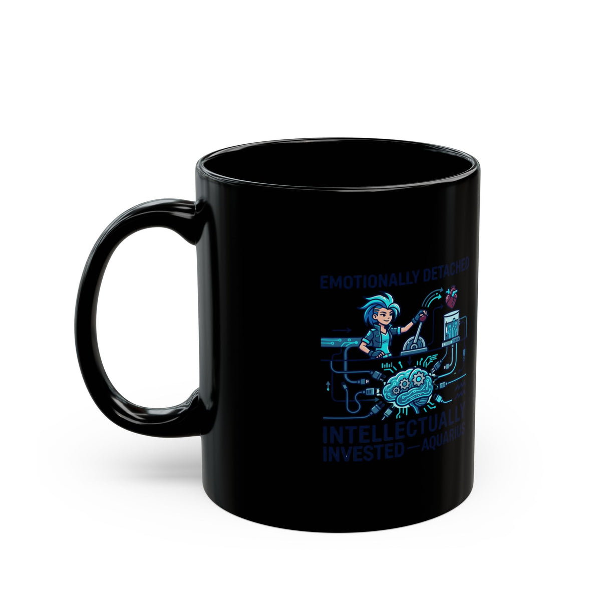 Aquarius Zodiac Black Tech Humor Mug — “Emotionally Detached, Intellectually Invested”