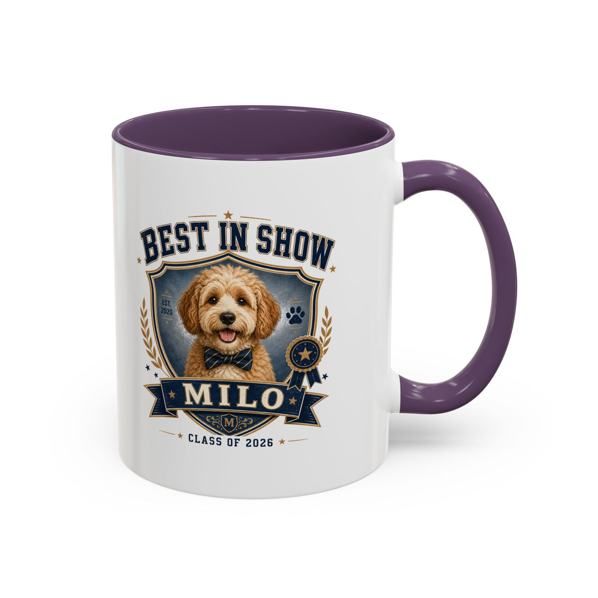 Milo Bailey Dog Dad Mom Best in Show Personalized Dog Coffee Mug — 'Milo' Class of 2026 Accent Mug