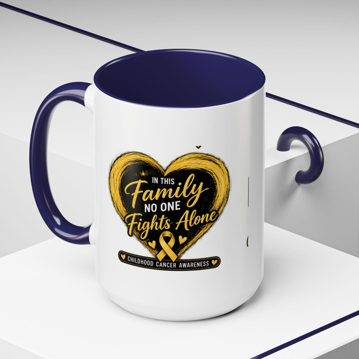 Childhood Cancer Awareness Accent Coffee Mug — "In This Family No One Fights Alone"