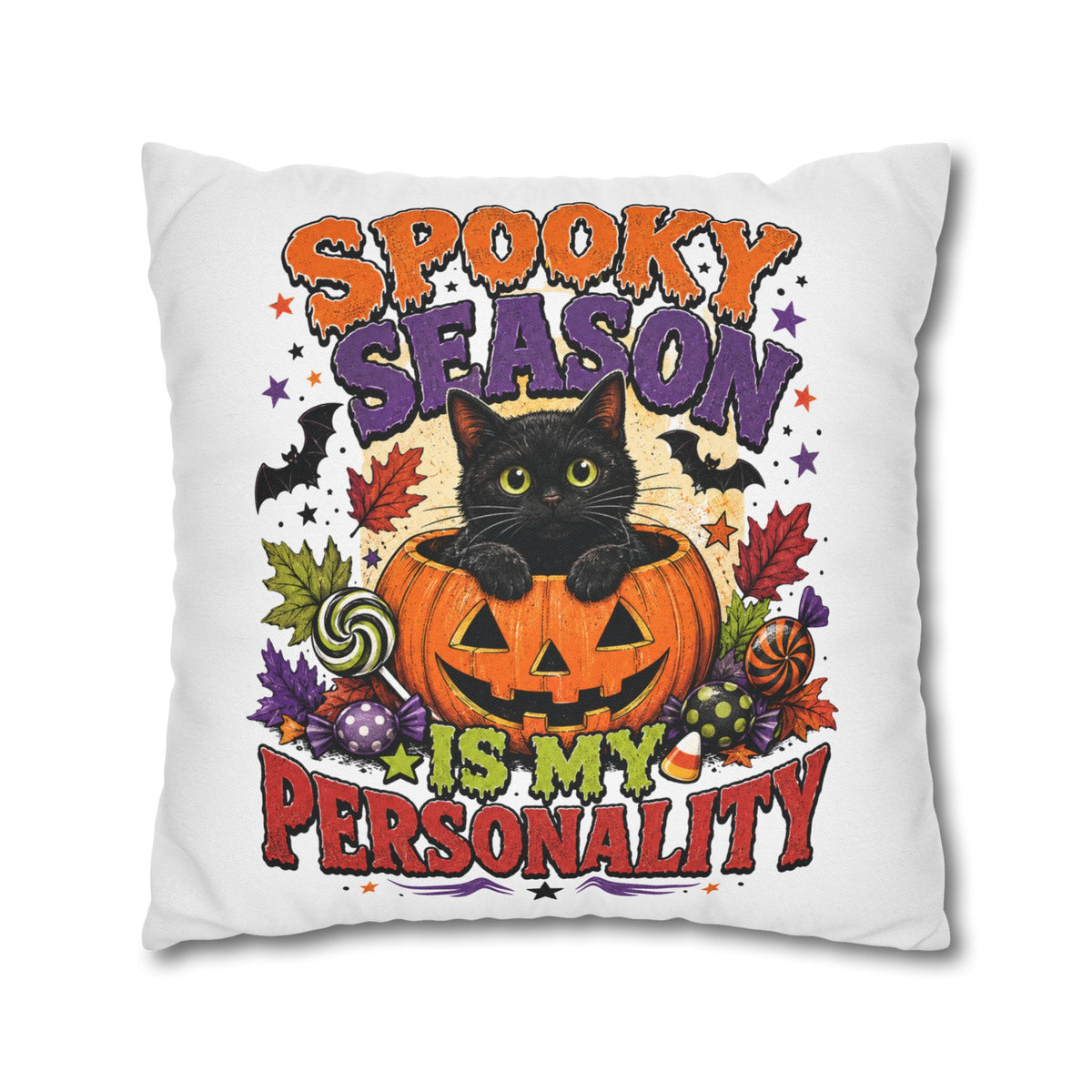 Halloween Pillowcase — "Spooky Season Is My Personality" Black Cat & Pumpkin Decorative Pillow Cover