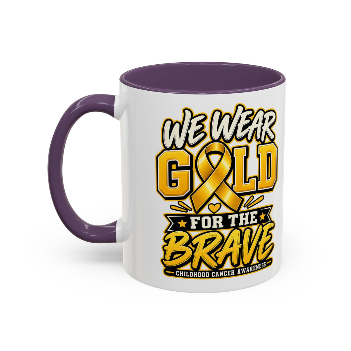 Childhood Cancer Awareness Accent Coffee Mug – "We Wear Gold for the Brave" (11/15 oz)